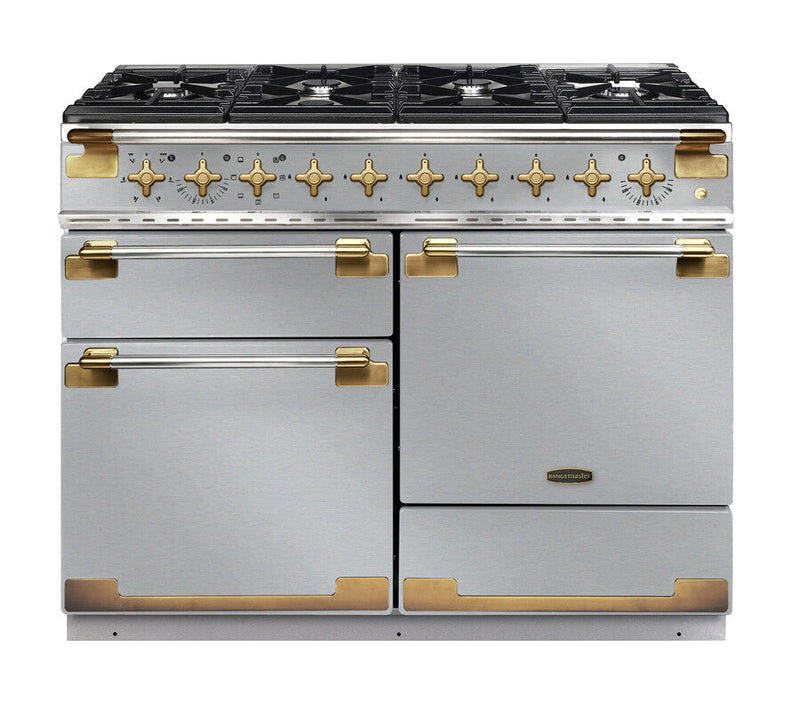 Rangemaster Elise Luxe 110cm Dual Fuel Stainless Steel with Antique Brass trim Range Cooker front view