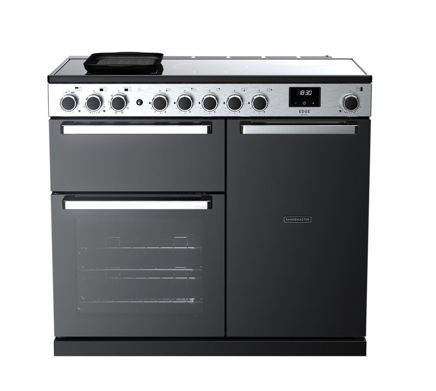 Rangemaster Edge Deluxe 100cm Induction Black Glass with Chrome trim Range Cooker front view
