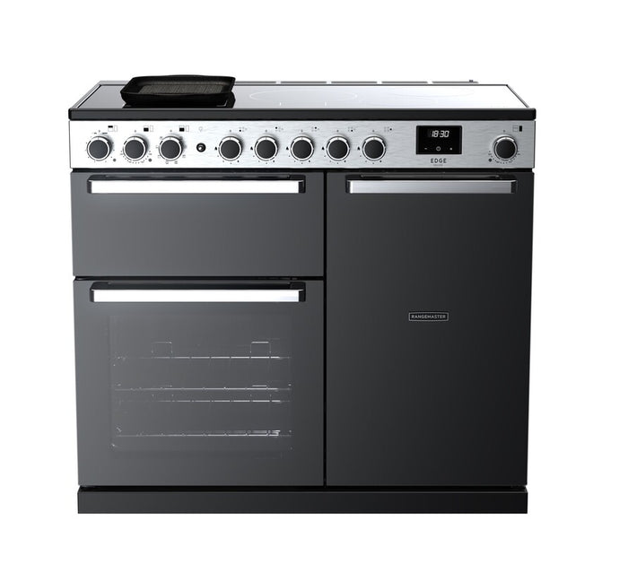 Rangemaster Edge Deluxe 100cm Induction Black Glass with Chrome trim Range Cooker front view