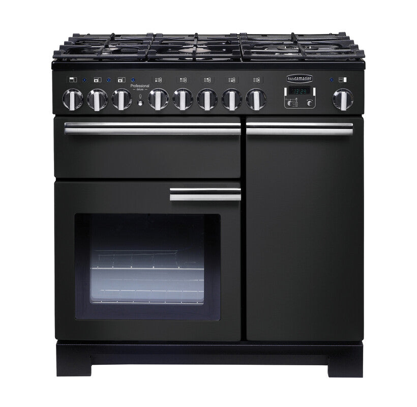 Rangemaster Professional Deluxe 90cm Dual Fuel Charcoal Black with Chrome trim Range Cooker front view