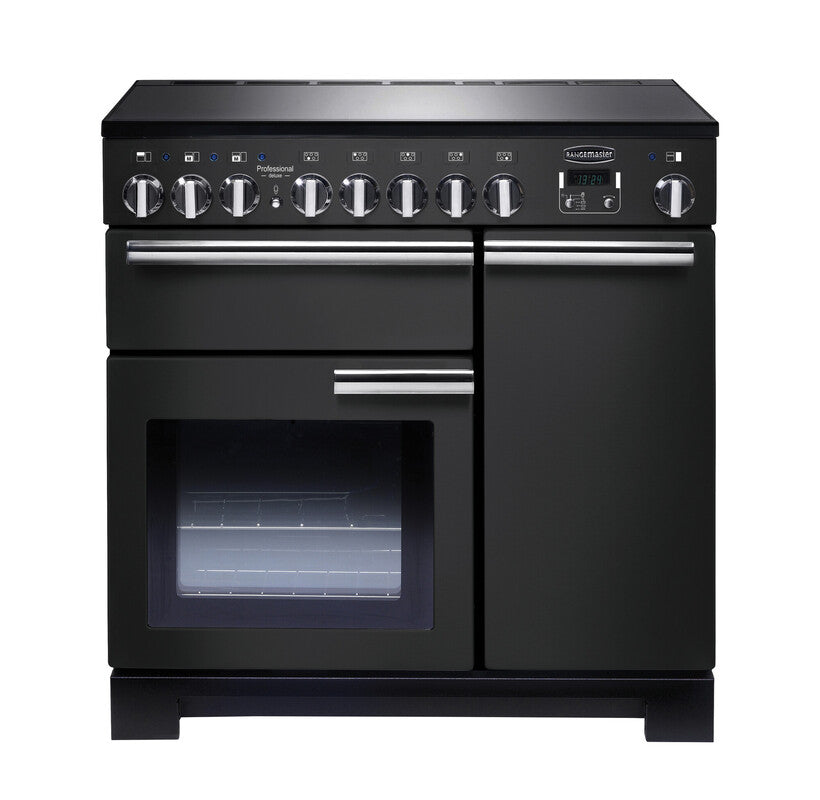 Rangemaster Professional Deluxe 90cm Induction Charcoal Black with Chrome trim Range Cooker front view