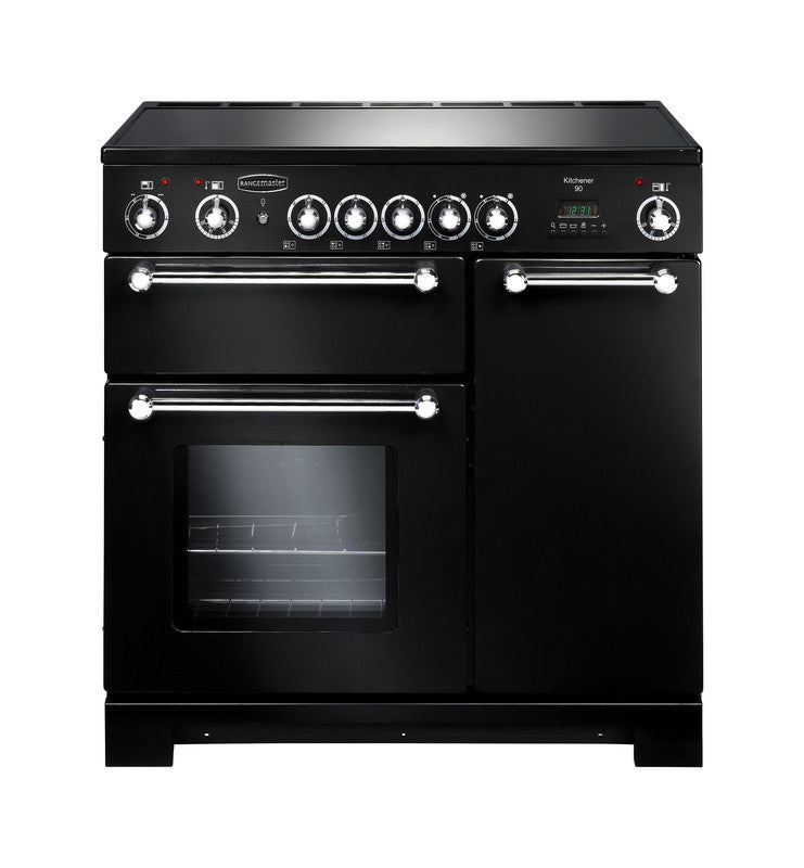 Rangemaster Kitchener 90cm Ceramic Black with Chrome trim Range Cooker front view