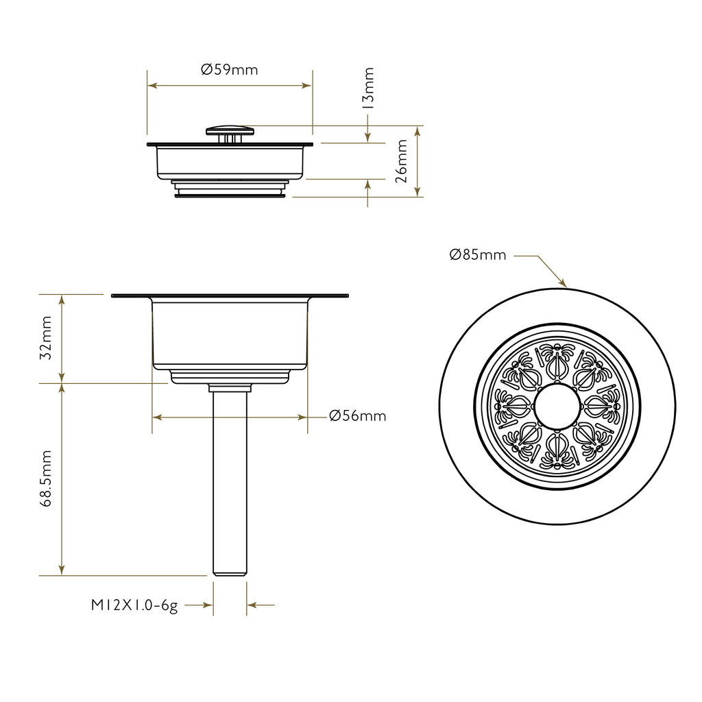Bidbury & Co 1.5" Traditional Waste — Chrome — technical drawing