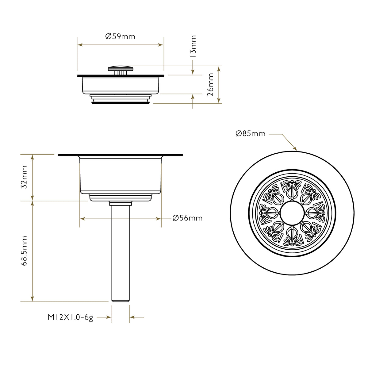 Bidbury & Co 1.5" Traditional Waste — Chrome — technical drawing
