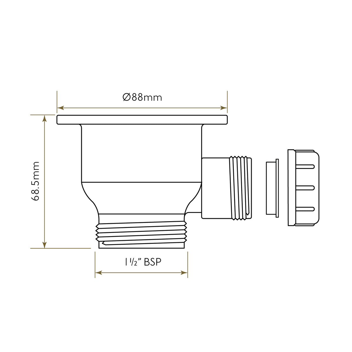 Bidbury & Co 1.5" Traditional Waste — Chrome — technical drawing
