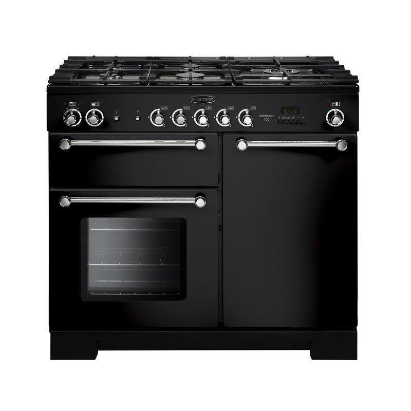 Rangemaster Kitchener 100cm Dual Fuel Black with Chrome trim Range Cooker front view