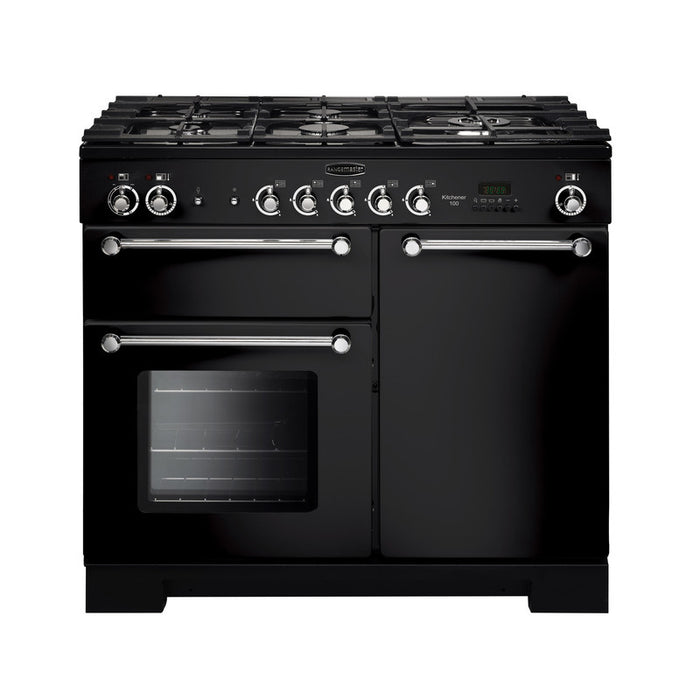 Rangemaster Kitchener 100cm Dual Fuel Black with Chrome trim Range Cooker front view