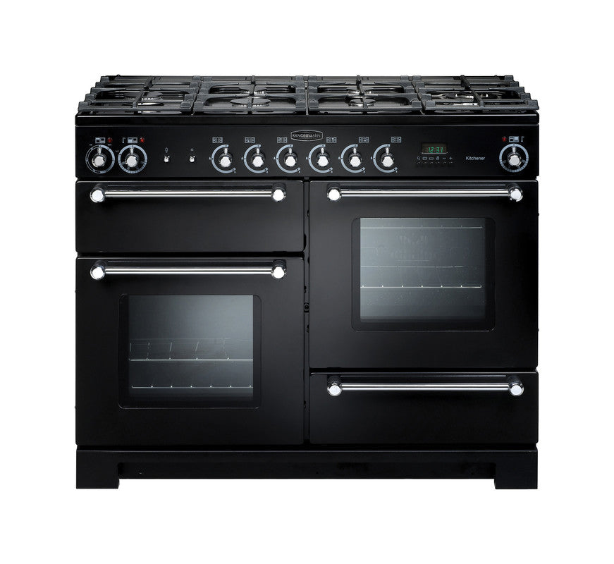 Rangemaster Kitchener 110cm Dual Fuel Black with Chrome trim Range Cooker front view