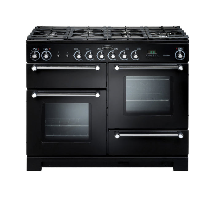 Rangemaster Kitchener 110cm Dual Fuel Black with Chrome trim Range Cooker front view