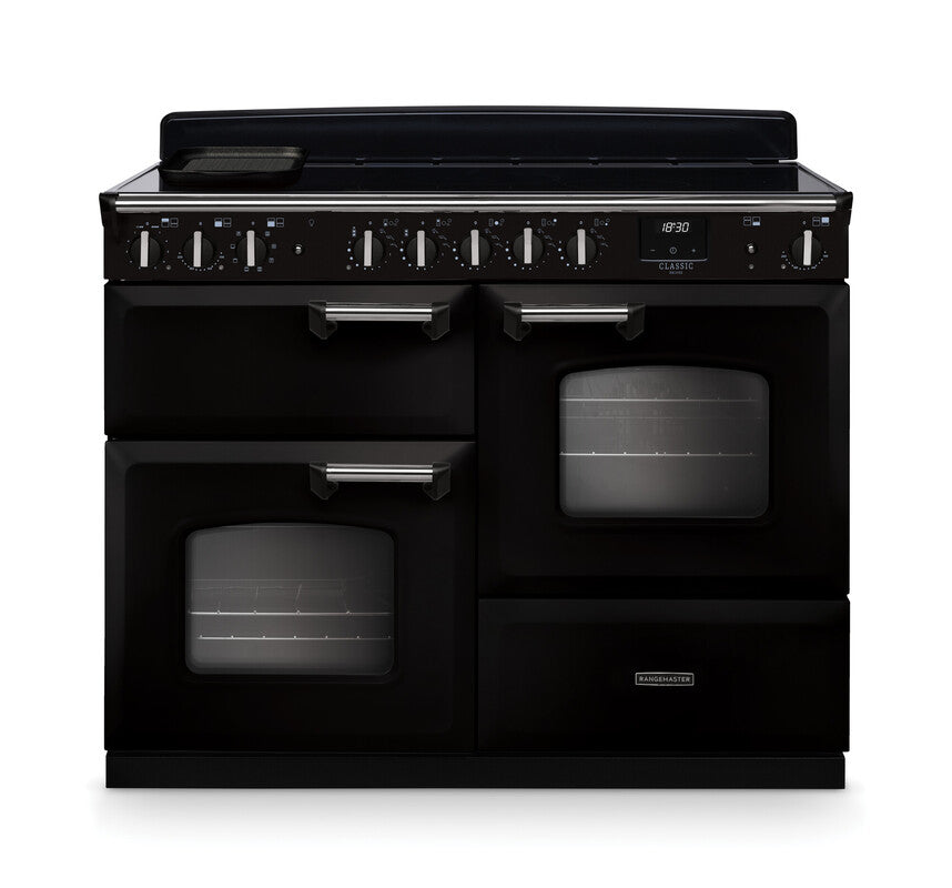 Rangemaster Classic Deluxe 110cm Induction Gloss Black with Chrome trim Range Cooker front view