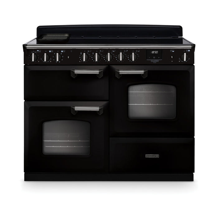 Rangemaster Classic Deluxe 110cm Induction Gloss Black with Chrome trim Range Cooker front view