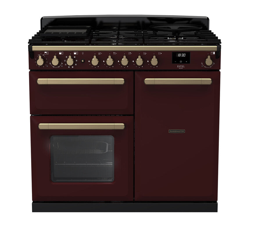 Rangemaster Estel Deluxe 100cm Dual Fuel Bordeaux with Antique Brass trim Range Cooker front view