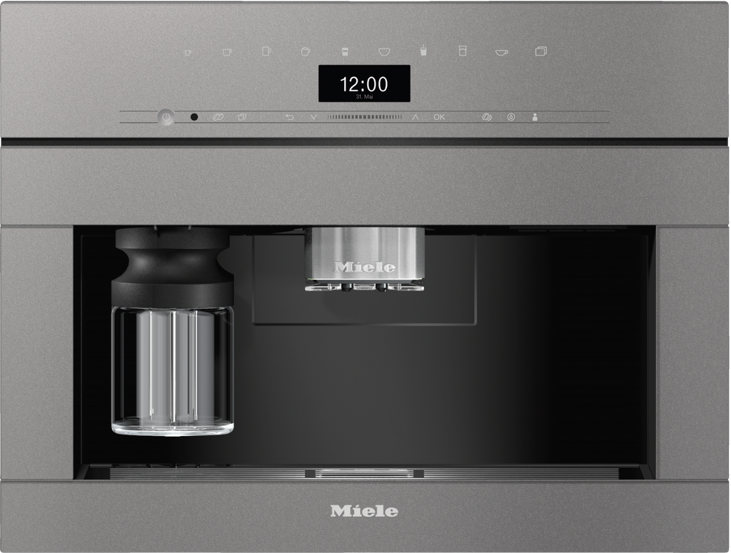 Miele CVA7440 Built-in Coffee Machine in Graphite grey — Miele CVA7440 Built-in Coffee Machine in Graphite grey — Miele CVA7440 Built-in Coffee Machine in Graphite grey — Miele CVA7440 Beverage preparation in Graphite grey — Factual image