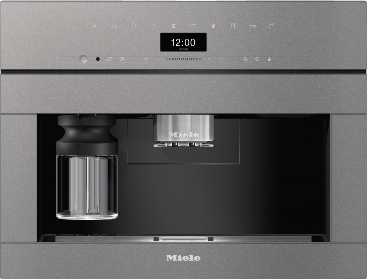Miele CVA7440 Built-in Coffee Machine in Graphite grey — Miele CVA7440 Built-in Coffee Machine in Graphite grey — Miele CVA7440 Built-in Coffee Machine in Graphite grey — Miele CVA7440 Beverage preparation in Graphite grey — Factual image