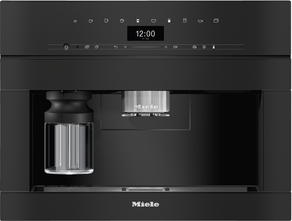 Miele CVA7440 Built-in Coffee Machine in Obsidian black — Miele CVA7440 Built-in Coffee Machine in Obsidian black — Miele CVA7440 Built-in Coffee Machine in Obsidian black — Miele CVA7440 Beverage preparation in Obsidian black — Factual image