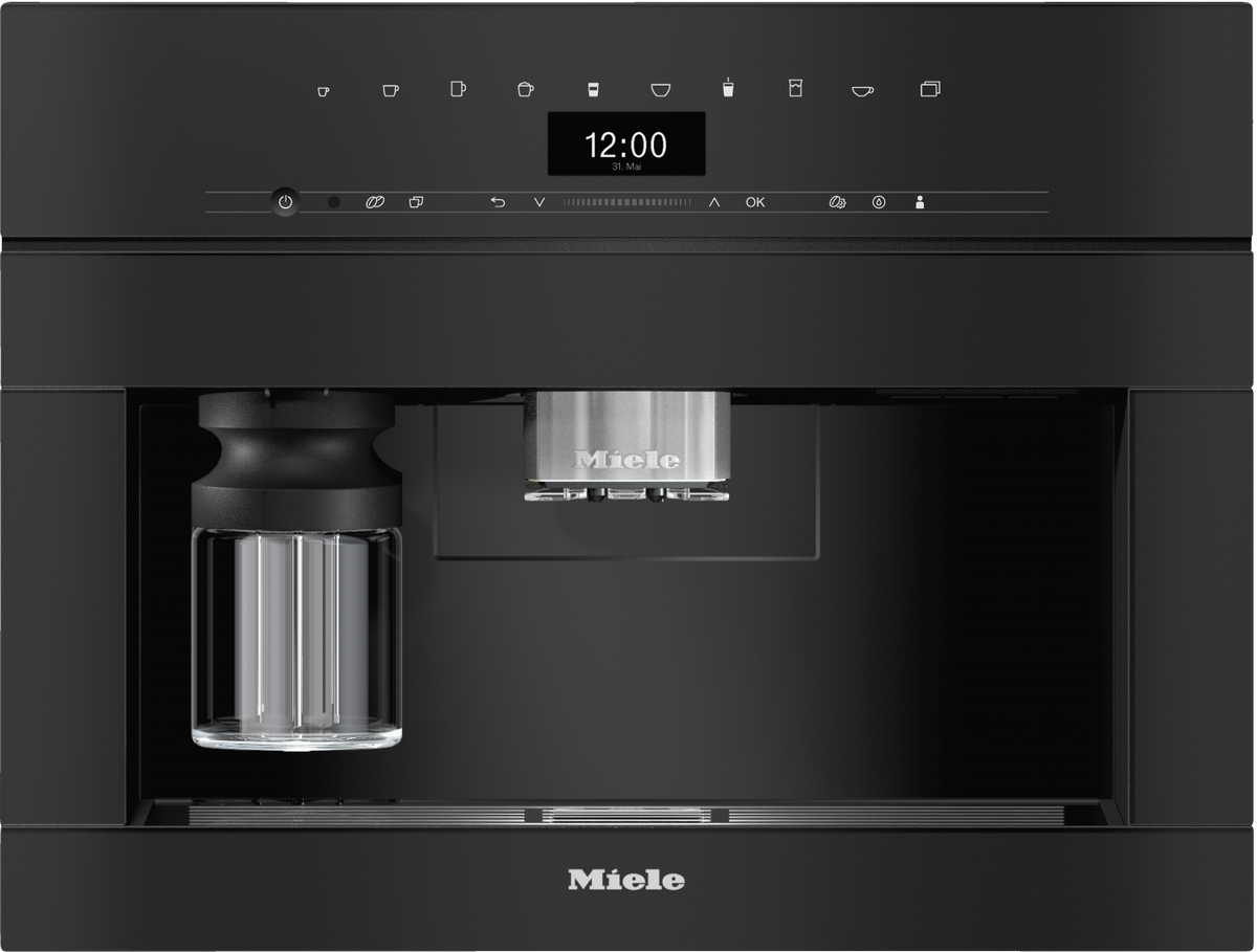 Miele CVA7440 Built-in Coffee Machine in Obsidian black — Miele CVA7440 Built-in Coffee Machine in Obsidian black — Miele CVA7440 Built-in Coffee Machine in Obsidian black — Miele CVA7440 Beverage preparation in Obsidian black — Factual image
