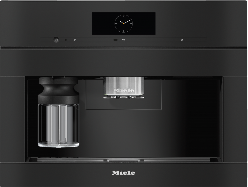 Miele CVA7845 Built-in Coffee Machine in Obsidian black — Miele CVA7845 Built-in Coffee Machine in Obsidian black — Miele CVA7845 Built-in Coffee Machine in Obsidian black — Miele CVA7845 Beverage preparation in Obsidian black — Factual image