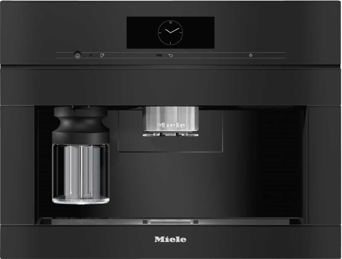 Miele CVA7845 Built-in Coffee Machine in Obsidian black — Miele CVA7845 Built-in Coffee Machine in Obsidian black — Miele CVA7845 Built-in Coffee Machine in Obsidian black — Miele CVA7845 Beverage preparation in Obsidian black — Factual image