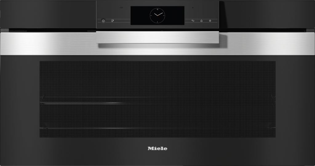 Miele H7890BP Compact Oven in CleanSteel – front view