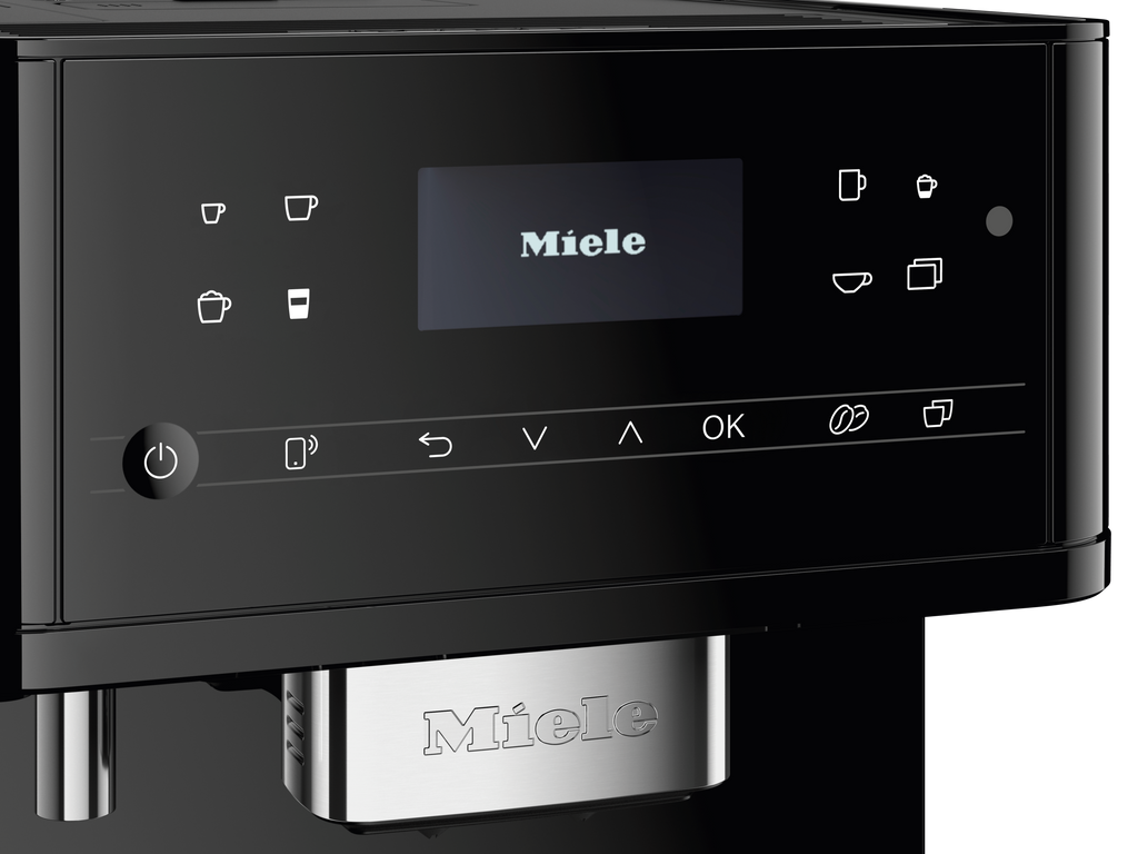 Miele CM6160 Freestanding Coffee Machine in Obsidian black — Miele CM6160 Freestanding Coffee Machine in Obsidian black — Miele CM6160 Freestanding Coffee Machine in Obsidian black — Miele CM6160 Beverage preparation in Obsidian black — Detailed imag