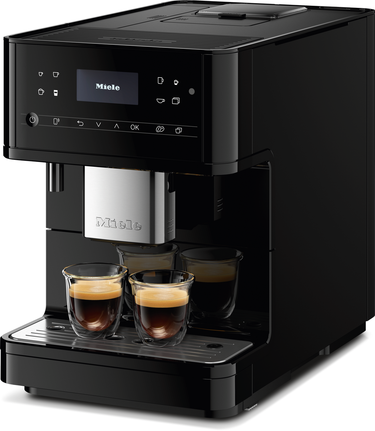 Miele CM6160 Freestanding Coffee Machine in Obsidian black — Miele CM6160 Freestanding Coffee Machine in Obsidian black — Miele CM6160 Freestanding Coffee Machine in Obsidian black — Miele CM6160 Beverage preparation in Obsidian black — Factual image