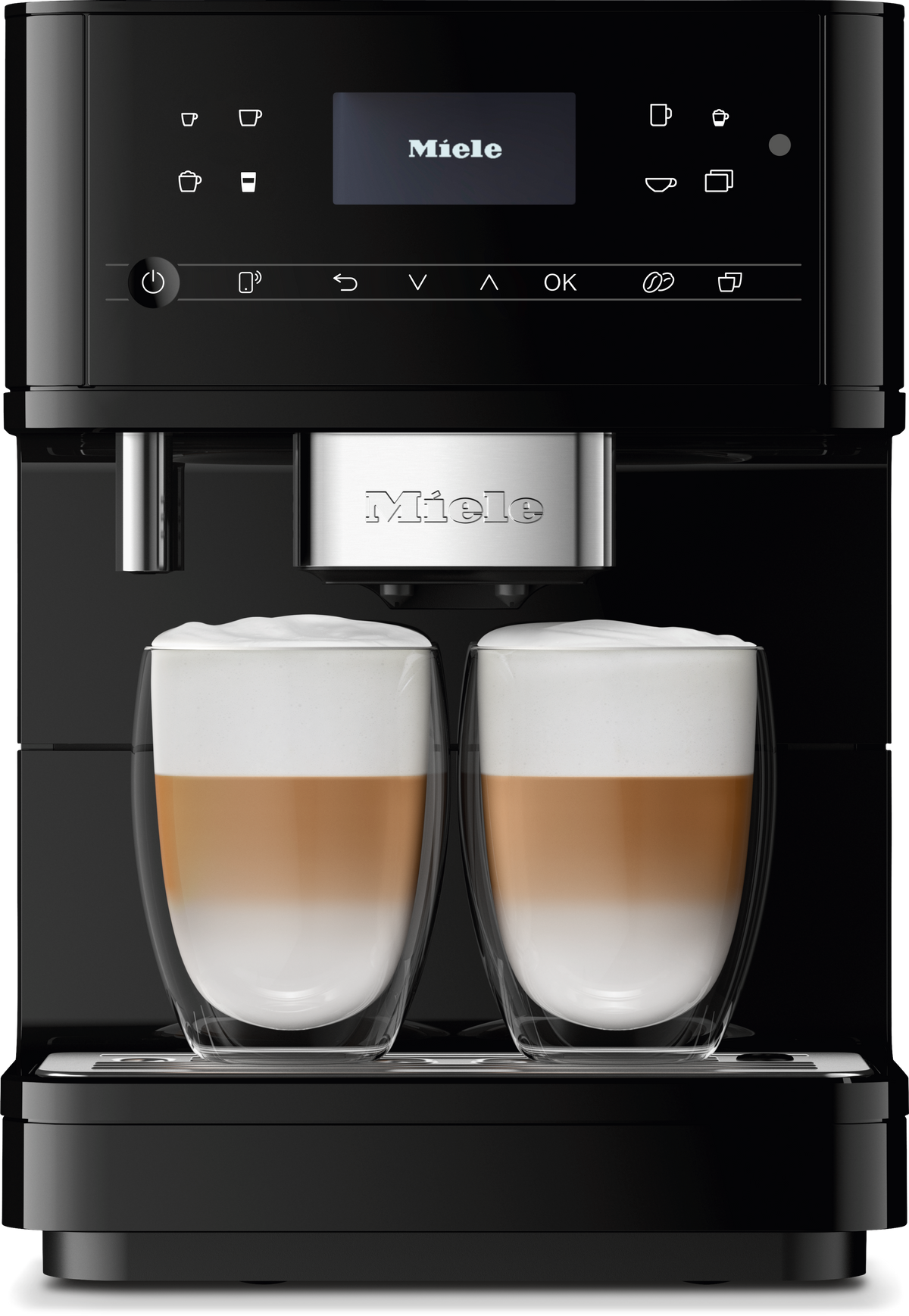 Miele CM6160 Freestanding Coffee Machine in Obsidian black — Miele CM6160 Freestanding Coffee Machine in Obsidian black — Miele CM6160 Freestanding Coffee Machine in Obsidian black — Miele CM6160 Beverage preparation in Obsidian black — Factual image