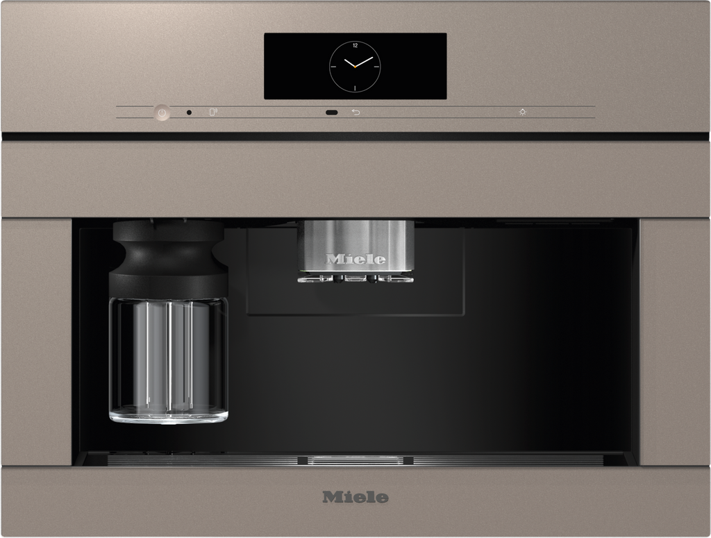Miele CVA7845 Built-in Coffee Machine in Pearl beige — Miele CVA7845 Built-in Coffee Machine in Pearl beige — Miele CVA7845 Built-in Coffee Machine in Pearl beige — Miele CVA7845 Beverage preparation in Pearl beige — Factual image