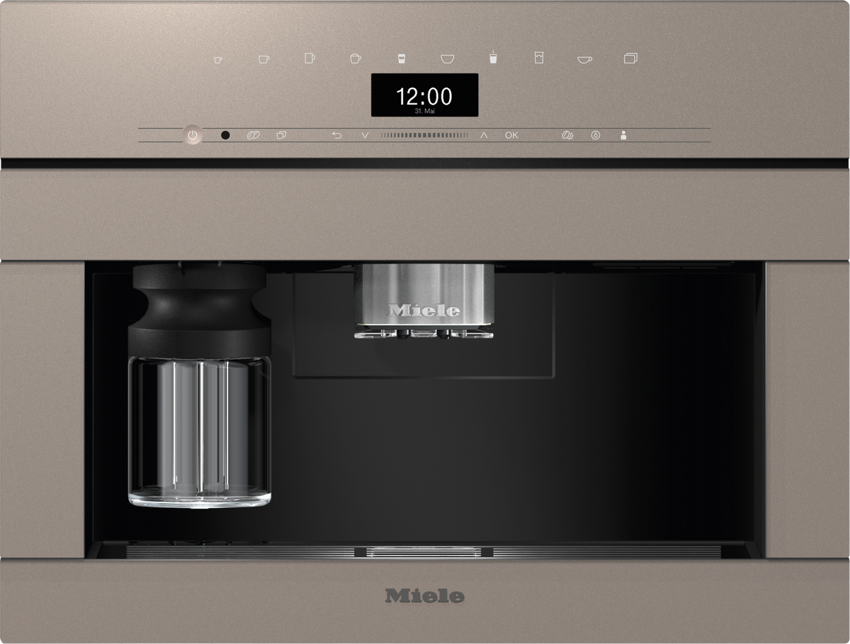 Miele CVA7440 Built-in Coffee Machine in Pearl beige — Miele CVA7440 Built-in Coffee Machine in Pearl beige — Miele CVA7440 Built-in Coffee Machine in Pearl beige — Miele CVA7440 Beverage preparation in Pearl beige — Factual image