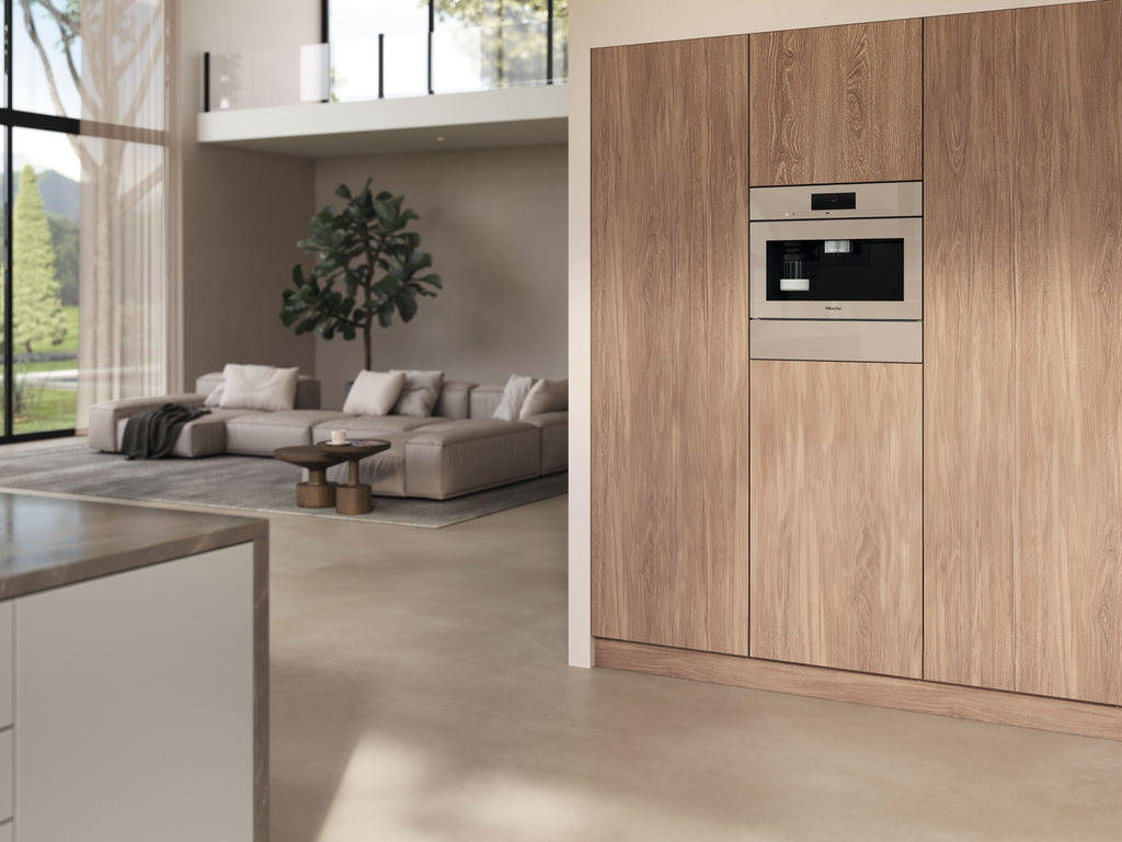 Miele CVA7845 Built-in Coffee Machine in Pearl beige — Miele CVA7845 Built-in Coffee Machine in Pearl beige — Miele CVA7845 Built-in Coffee Machine in Pearl beige — Miele CVA7845 Beverage preparation in Pearl beige — In-situ shot