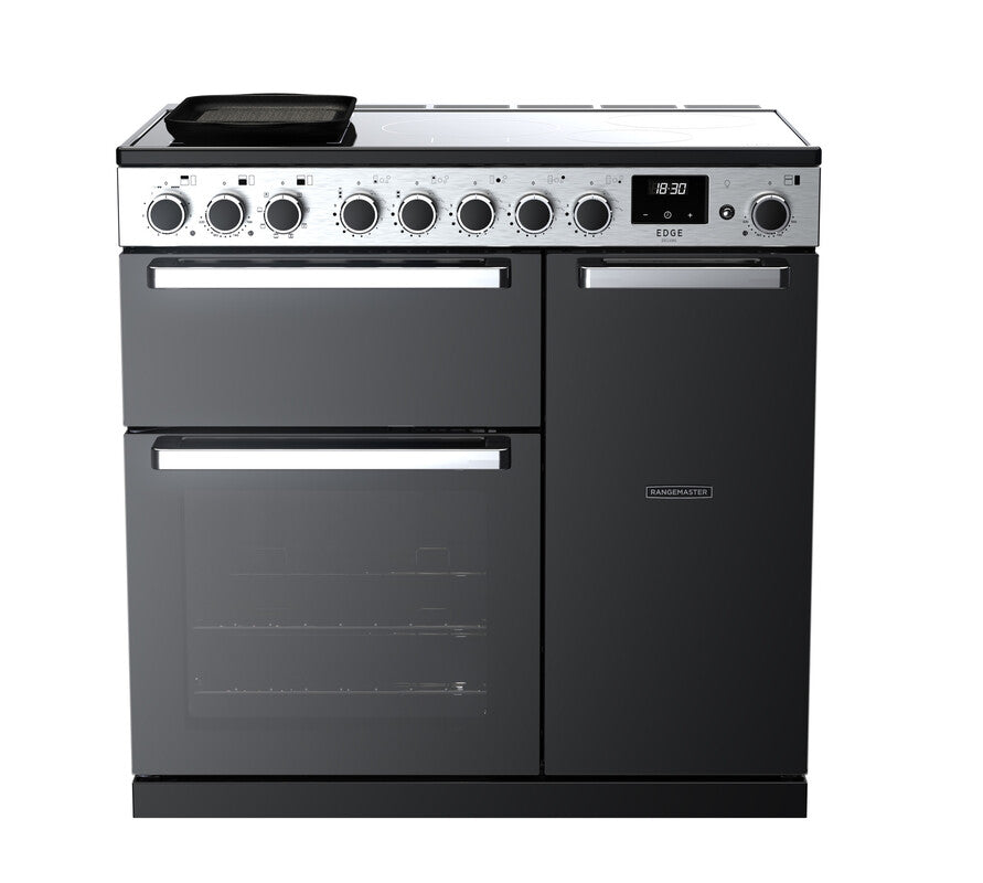 Rangemaster Edge Deluxe 90cm Induction Black Glass with Chrome trim Range Cooker front view