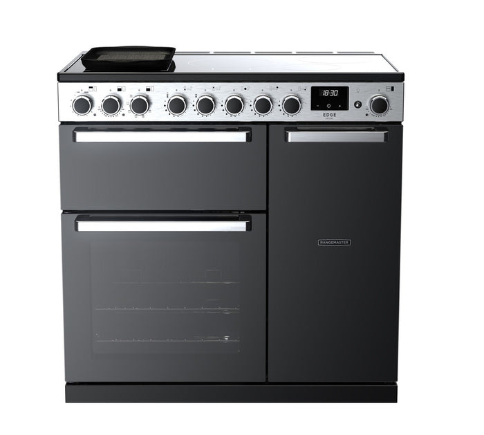 Rangemaster Edge Deluxe 90cm Induction Black Glass with Chrome trim Range Cooker front view