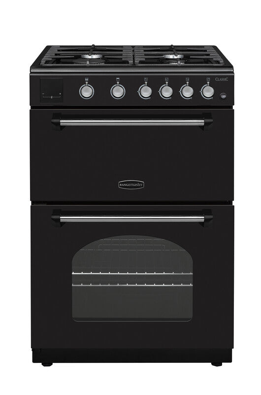 Rangemaster Classic All Gas Black with Chrome trim Cooker front view
