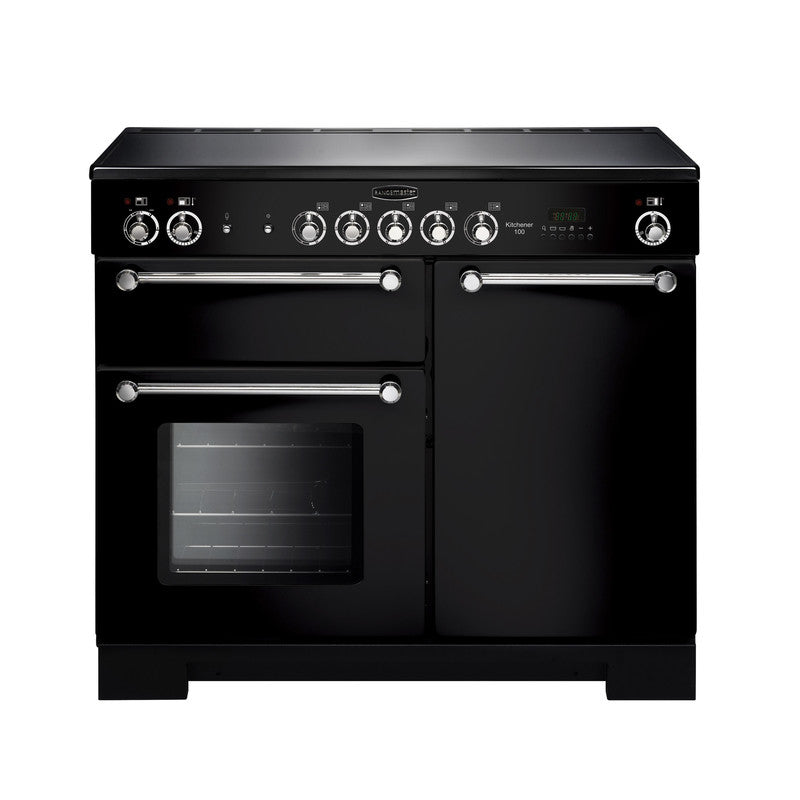 Rangemaster Kitchener 100cm Ceramic Black with Chrome trim Range Cooker front view