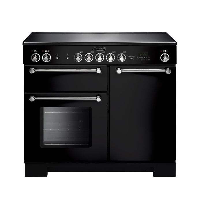 Rangemaster Kitchener 100cm Ceramic Black with Chrome trim Range Cooker front view
