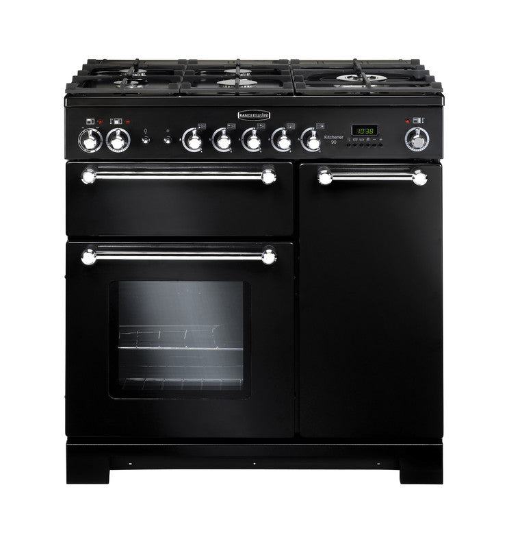 Rangemaster Kitchener 90cm Dual Fuel Black with Chrome trim Range Cooker front view