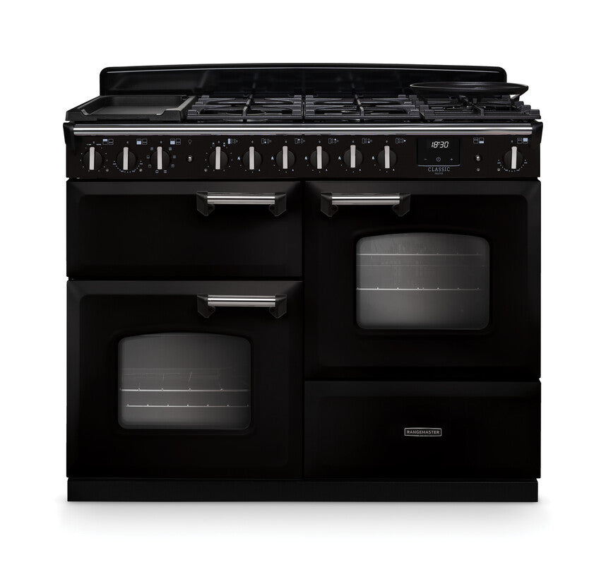Rangemaster Classic Deluxe 110cm Dual Fuel Gloss Black with Chrome trim Range Cooker front view