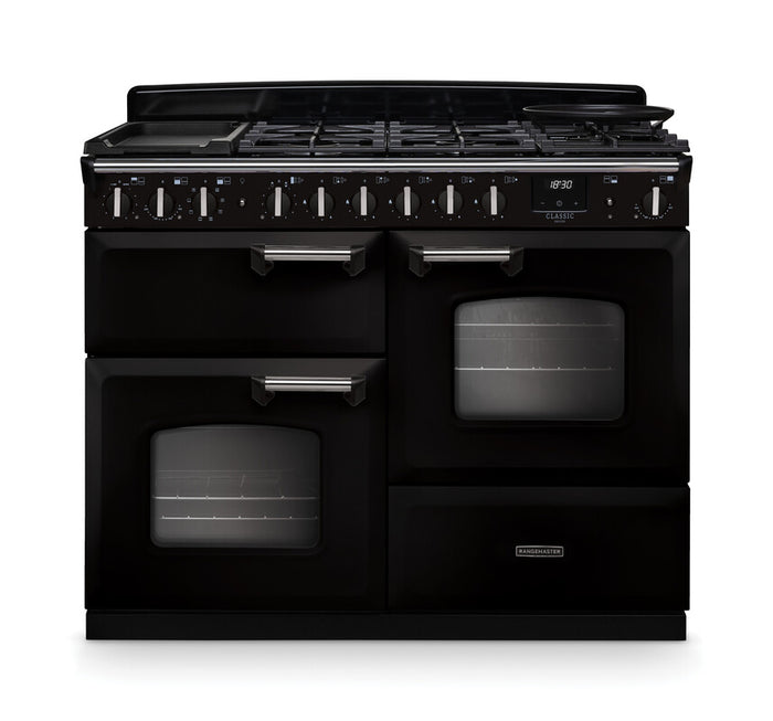 Rangemaster Classic Deluxe 110cm Dual Fuel Gloss Black with Chrome trim Range Cooker front view