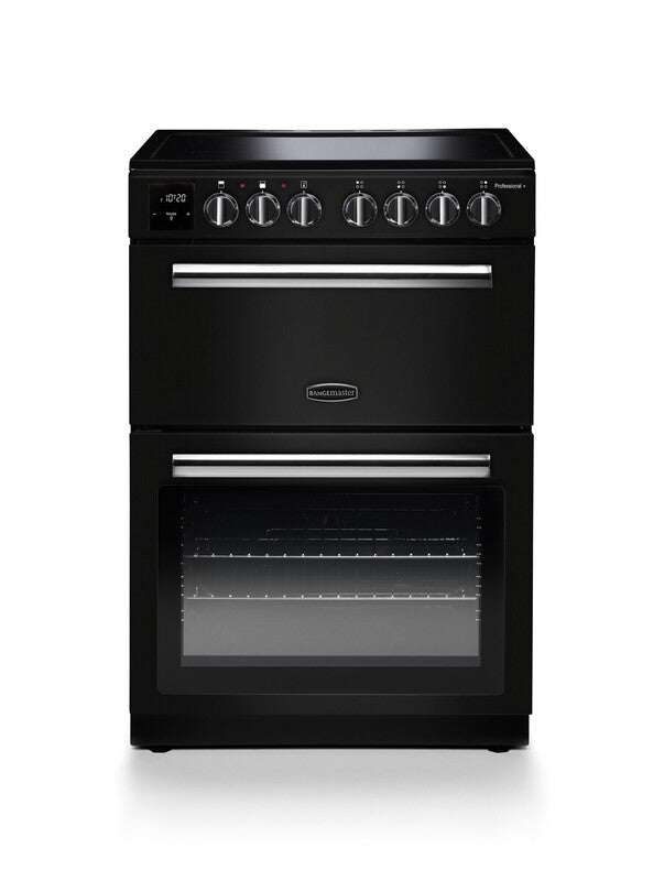 Rangemaster Professional+ Ceramic Black with Chrome trim Cooker front view
