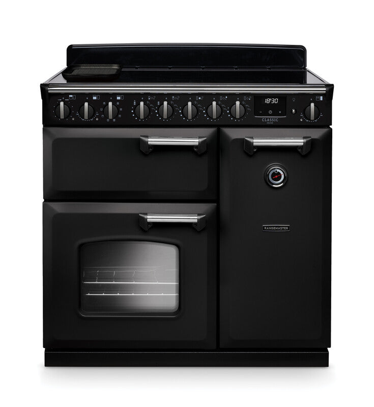 Rangemaster Classic Deluxe 90cm Induction Gloss Black with Chrome trim Range Cooker front view