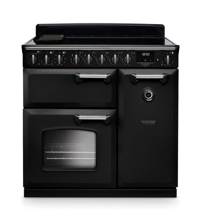 Rangemaster Classic Deluxe 90cm Induction Gloss Black with Chrome trim Range Cooker front view