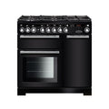 Rangemaster Encore Deluxe 90cm Dual Fuel Black with Chrome trim Range Cooker front view