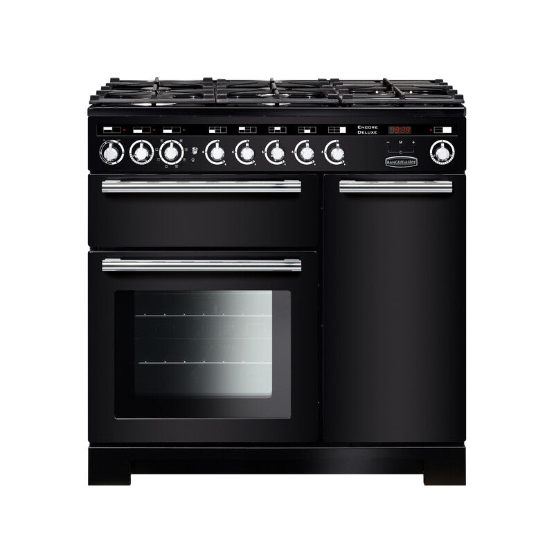 Rangemaster Encore Deluxe 90cm Dual Fuel Black with Chrome trim Range Cooker front view