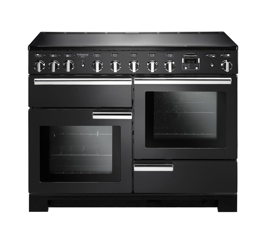 Rangemaster Professional Deluxe 110cm Induction Charcoal Black with Chrome trim Range Cooker front view