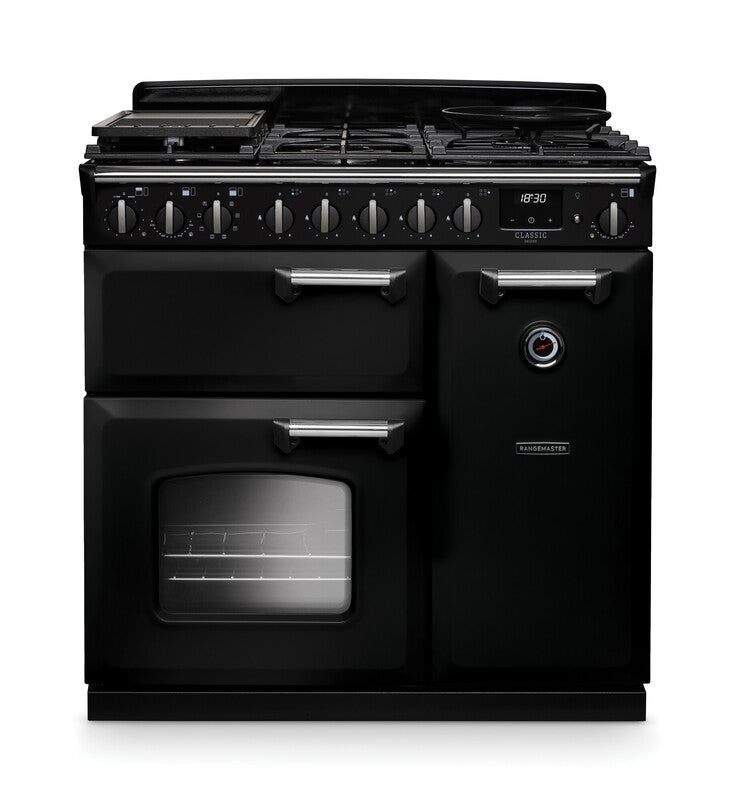 Rangemaster Classic Deluxe 90cm Dual Fuel Gloss Black with Chrome trim Range Cooker front view