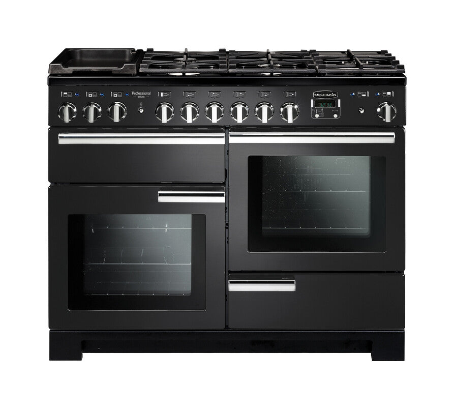 Rangemaster Professional Deluxe 110cm Dual Fuel Charcoal Black with Chrome trim Range Cooker front view