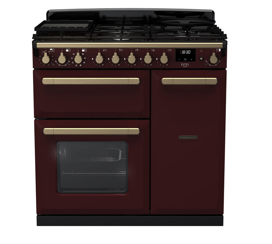 Rangemaster Estel Deluxe 90cm Dual Fuel Bordeaux with Antique Brass trim Range Cooker front view
