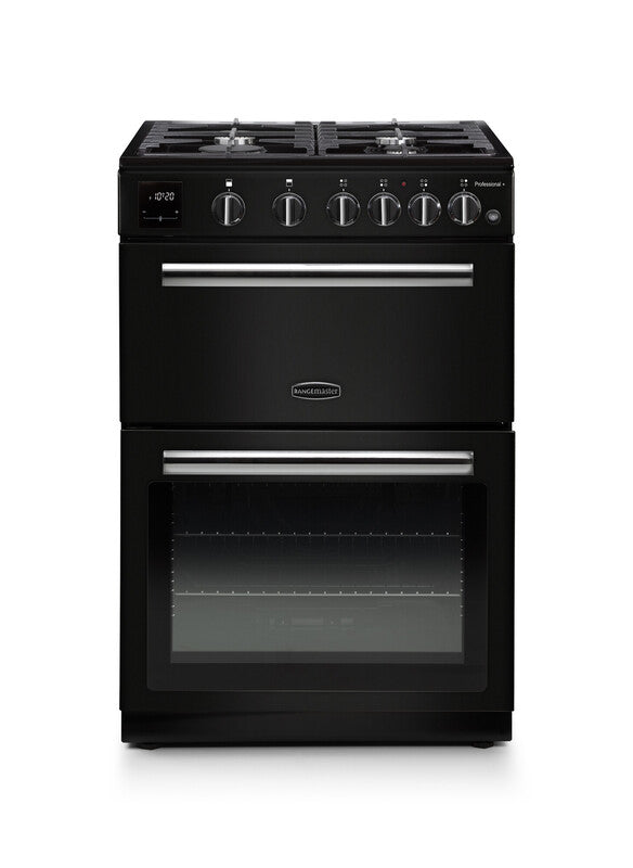 Rangemaster Professional+ All Gas Black with Chrome trim Cooker front view