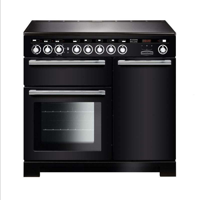 Rangemaster Encore Deluxe 100cm Induction Black with Chrome trim Range Cooker front view