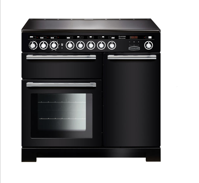 Rangemaster Encore Deluxe 100cm Induction Black with Chrome trim Range Cooker front view