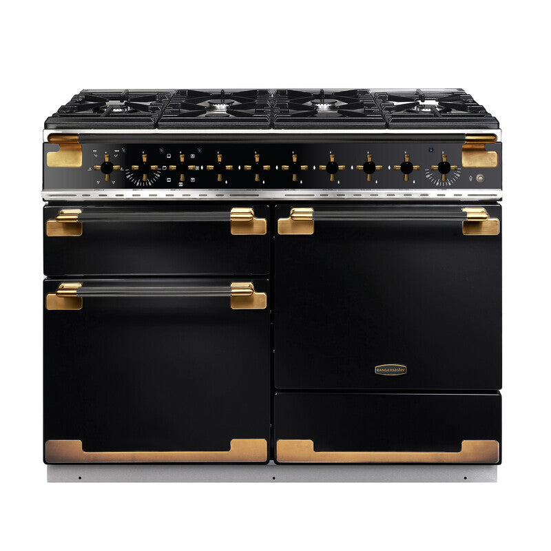 Rangemaster Elise Luxe 110cm Dual Fuel Black with Black / Antique Brass trim Range Cooker front view